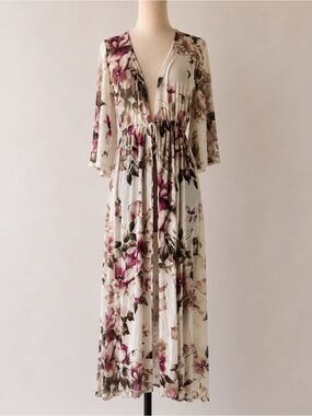 Floral Open-Front Cardigan  - Cream with Pink Floral
